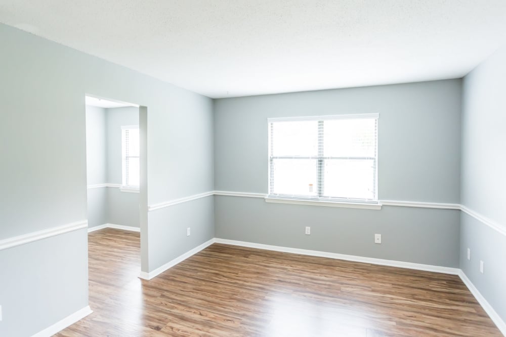 Bedroom with quality hardwood flooring at Northshore Flats Apartments in Chattanooga, Tennessee