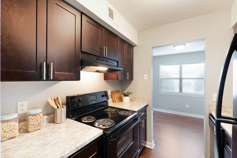 Kitchen with beautiful wood cabinets at Northshore Flats Apartments in Chattanooga, Tennessee