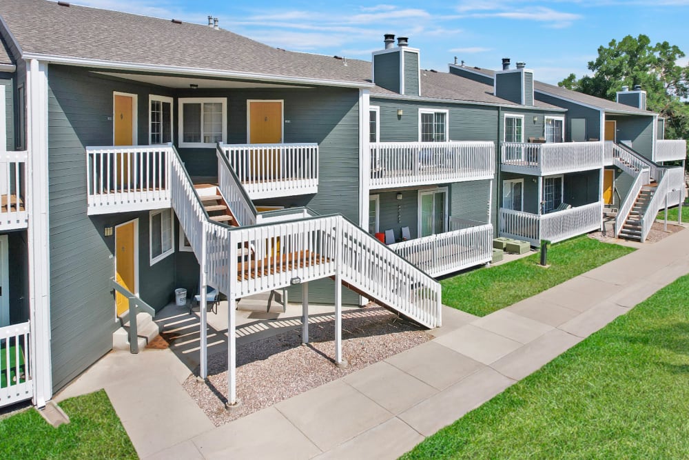 Exterior and stairwells at Bluesky Landing Apartments in Lakewood, Colorado