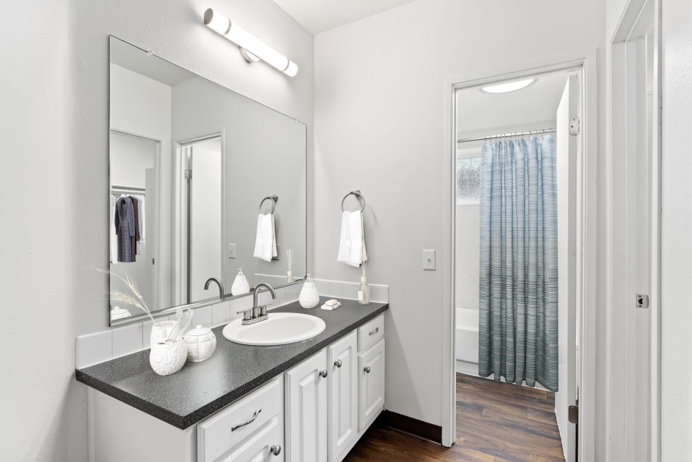 Bathroom with a large mirror and ample counter space at Autumn Chase Apartments in Vancouver, Washington