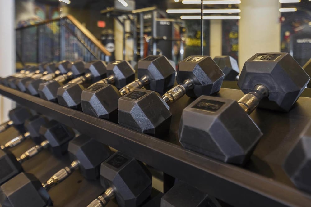 Rack ofdumbbells in the fitness center at Terminal 21 in Pittsburgh, Pennsylvania