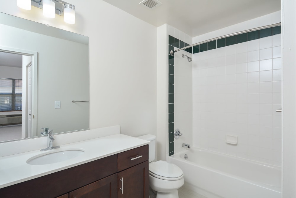 Bathroom with an oversized vanity and tiled shower at The Brunswick in New Brunswick, New Jersey