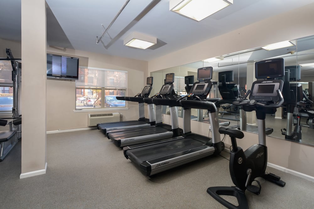 Cardio equipment in the spacious fitness center at The Brunswick in New Brunswick, New Jersey