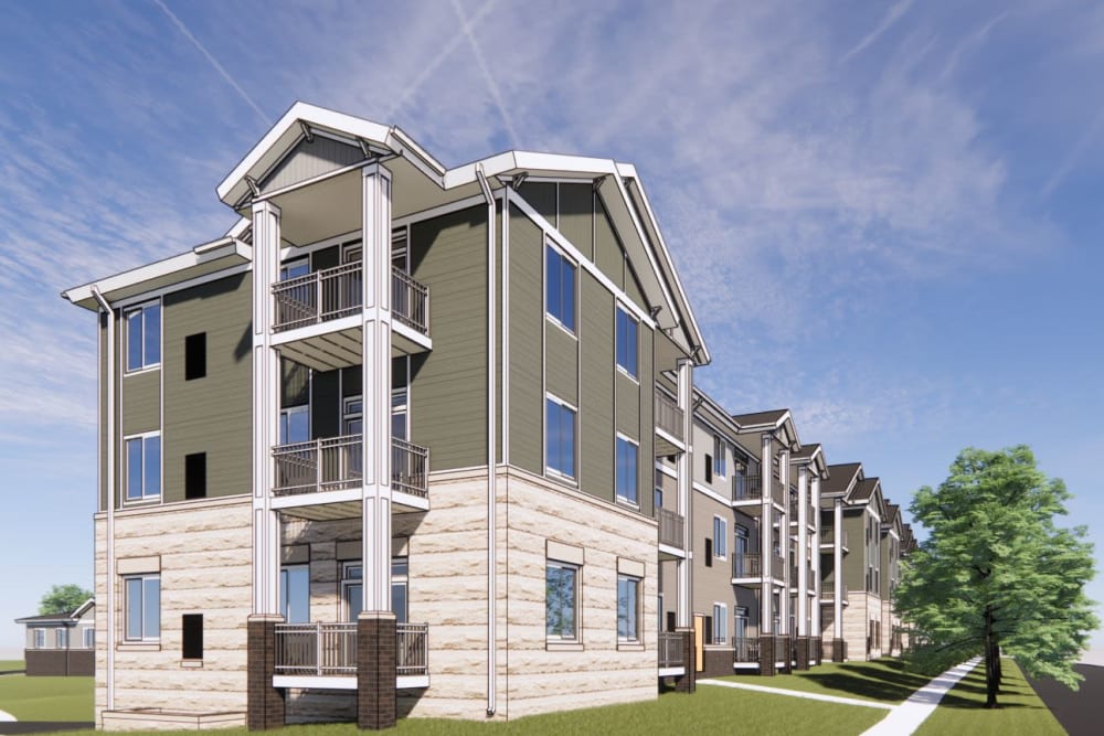 Exterior rendering with decks and lawn at The Sycamore of River Falls in River Falls, Wisconsin