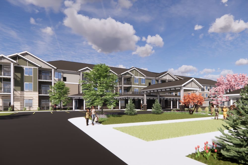 Exterior Rendering with walkways and flowers of The Sycamore of River Falls in River Falls, Wisconsin