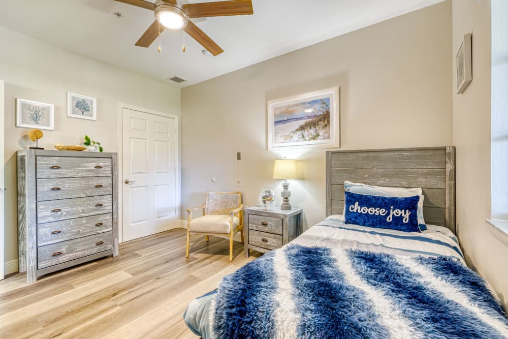 Model bedroom at Pacifica Senior Living Belleair in Clearwater, Florida