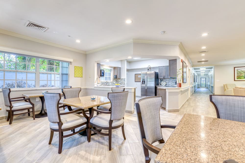 Dining room with abundant natural light at Pacifica Senior Living Belleair in Clearwater, Florida