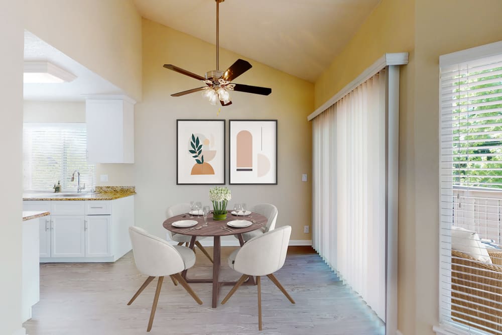 Two-bedroom apartment's dining area at Valley Plaza Villages in Pleasanton, California