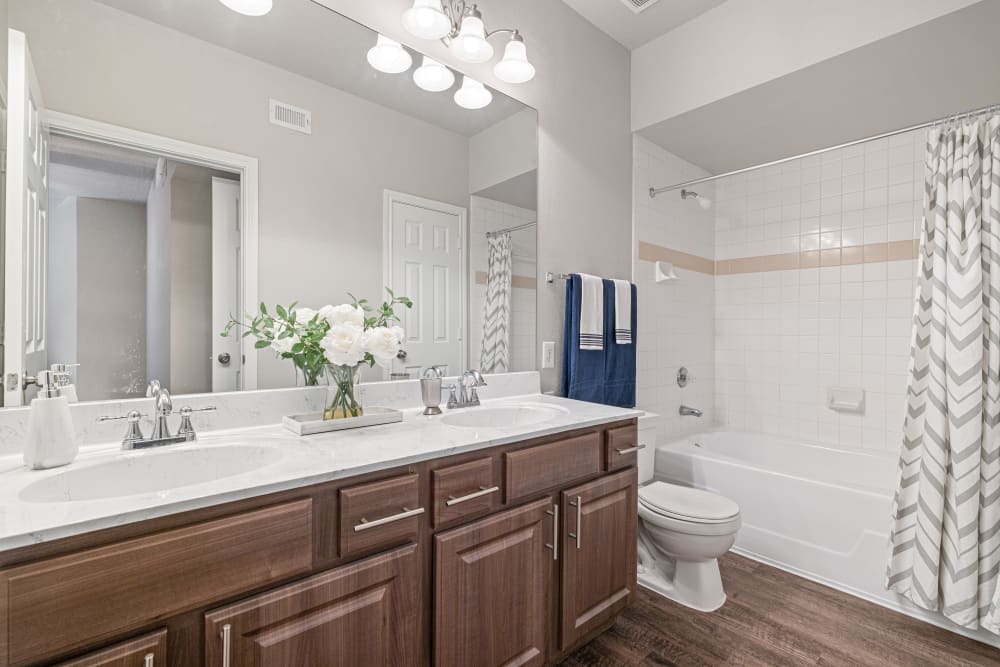 Bathroom with dark cabinets and white counters at Marquis at Westchase in Houston, Texas