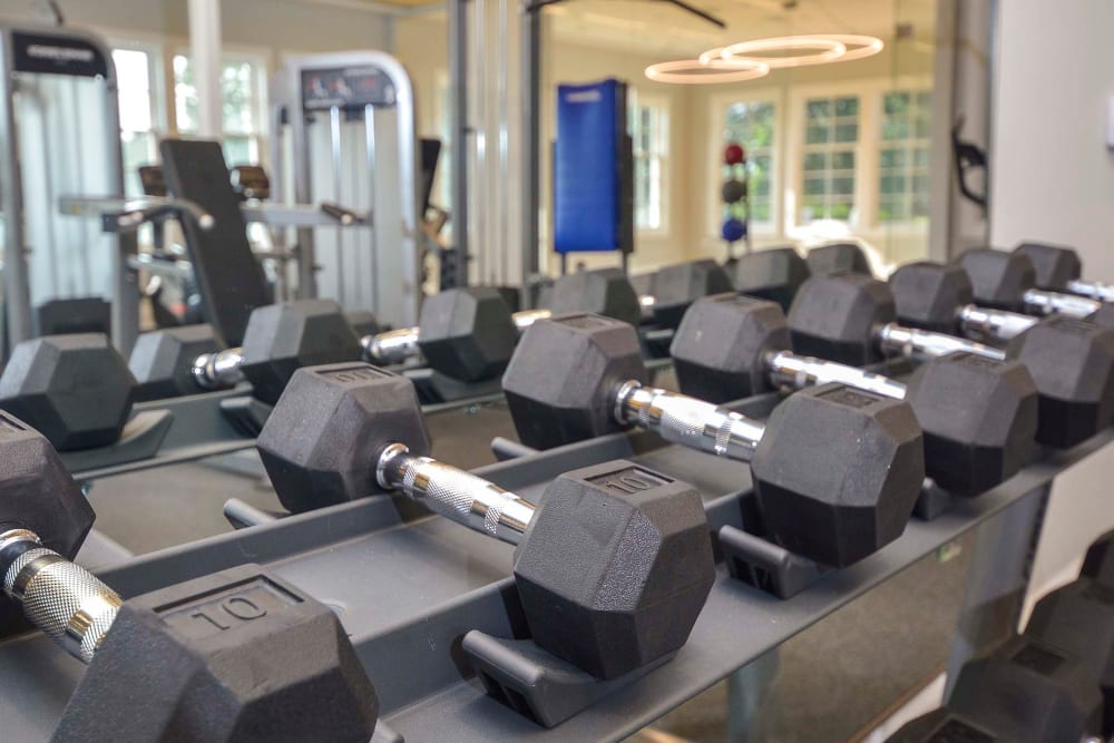 Fitness center with free weights at Overlook at Flanders, Flanders, New Jersey
