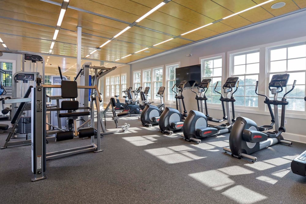 fitness center with machines and plenty of cardio equipment at Overlook at Flanders, Flanders, New Jersey