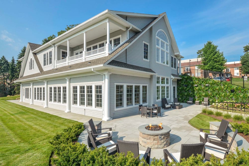 Clubhouse with fire pit and ample seating at Overlook at Flanders, Flanders, New Jersey