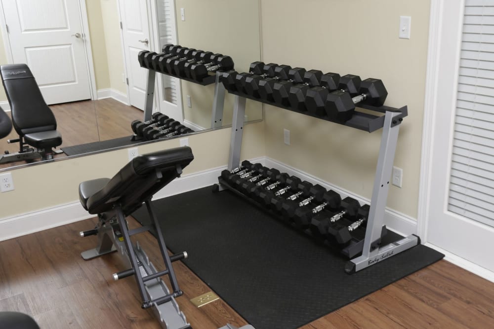 Fitness center with dumbbell rack at Sage Creek Apartments in Augusta, Georgia
