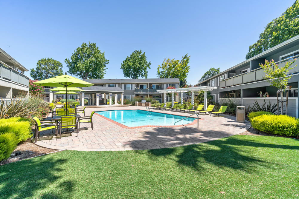 Sparkling pool and picnic area at Pinebrook Apartment Homes in Fremont, California