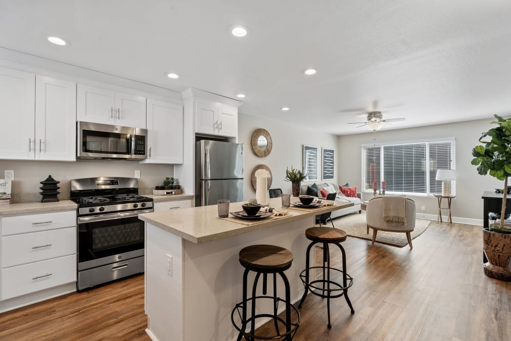 Beautiful kitchen with island at Pinebrook Apartment Homes in Fremont, California