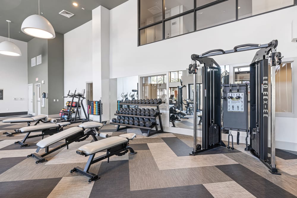 Workout benches and equipment at Marquis at Chandler in Chandler, Arizona