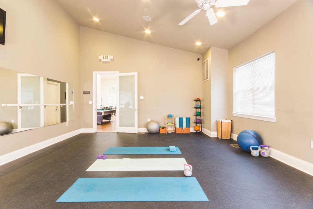 Yoga room in fitness center at The Greens at Sunchase in Farmville, Virginia