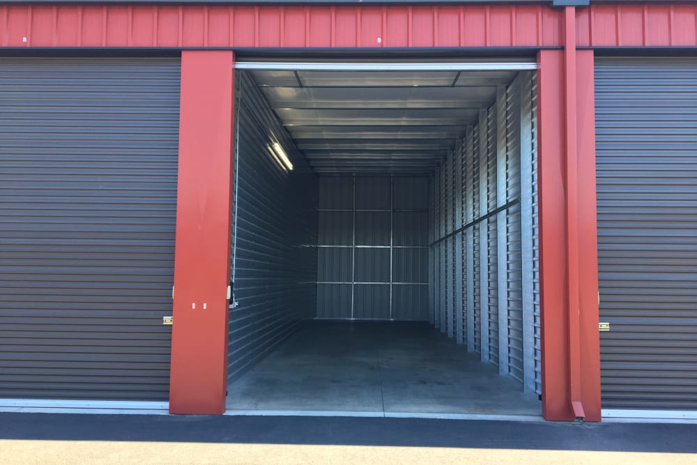 View inside a storage unit at Cascade Weekender RV Storage in Woodland, Washington