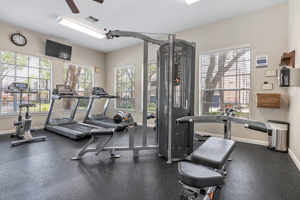 Gym with equipment at Marquis at Westchase in Houston, Texas