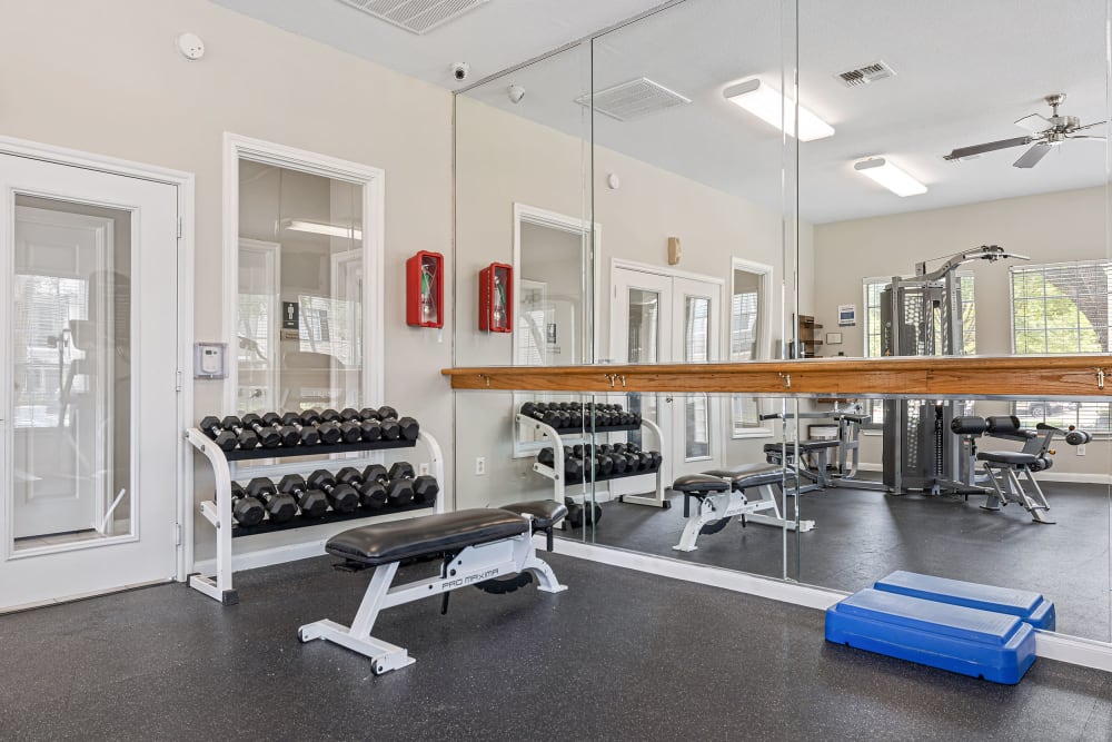 Mirror and weight rack at gym at Marquis at Westchase in Houston, Texas