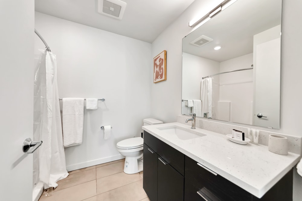 Bathroom with white countertop and large vanity mirror at The Robert in Portland, Oregon