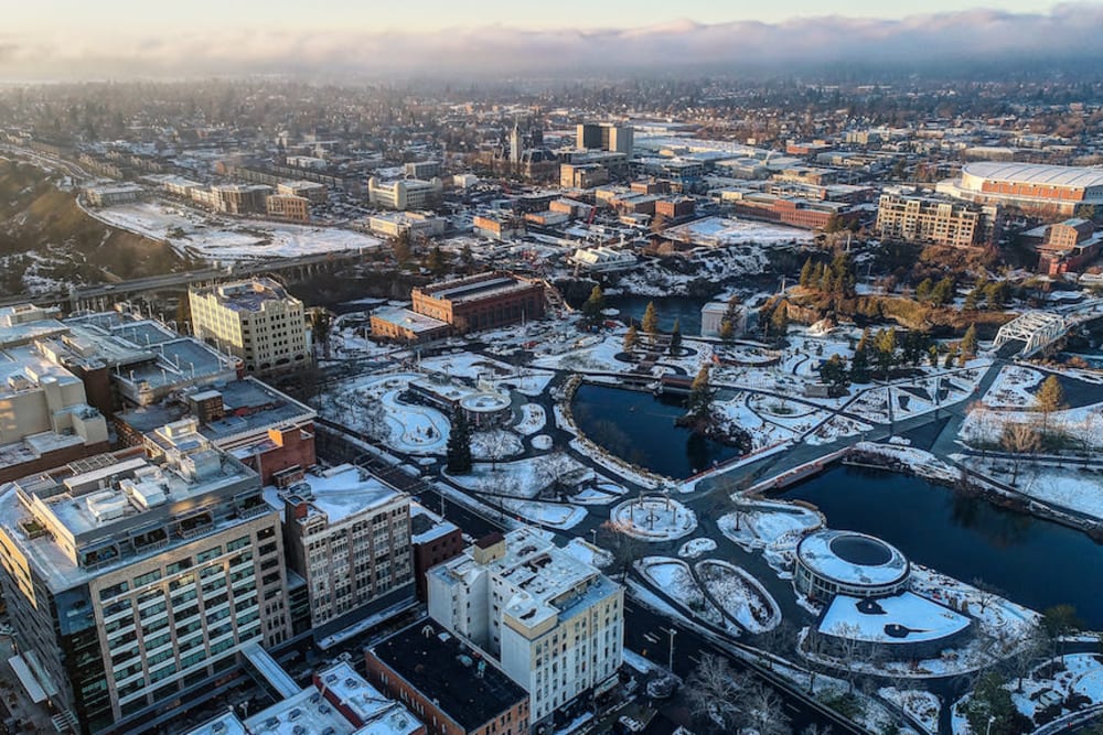 Aerial view of the neighborhood around Coeur D'Alene Plaza in Spokane, Washington