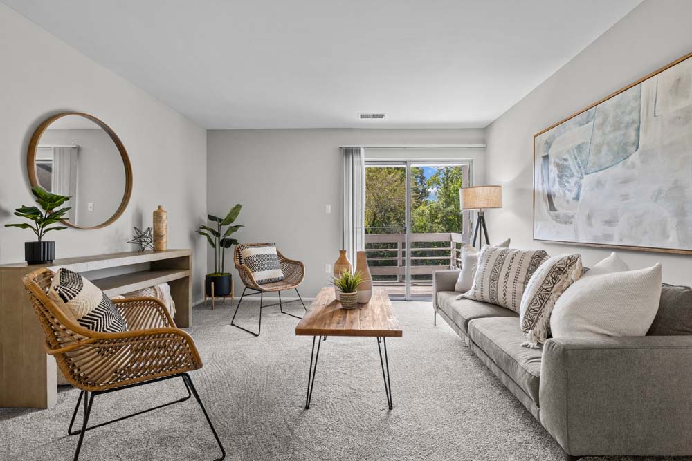 Furnished model living room at Runaway Bay Apartments in Virginia Beach, Virginia