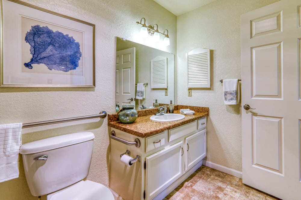 Resident apartment bathroom at Pacifica Senior Living Fresno in Fresno, California
