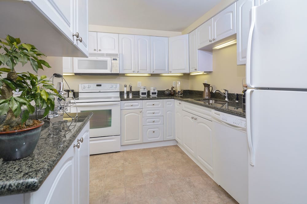 Model kitchen with white cabinets at Cherry Hill Towers, Cherry Hill, New Jersey
