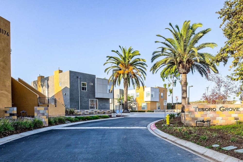 Driveway leading to Tesoro Grove Apartments in San Diego, California