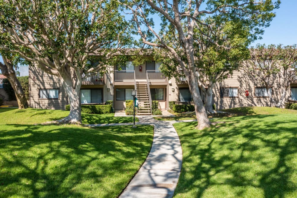 Paved shaded walkway at Westlake Village in Costa Mesa, California