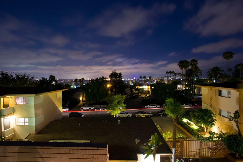 Skyline view at night Emerald Manor Apartments in San Diego, California
