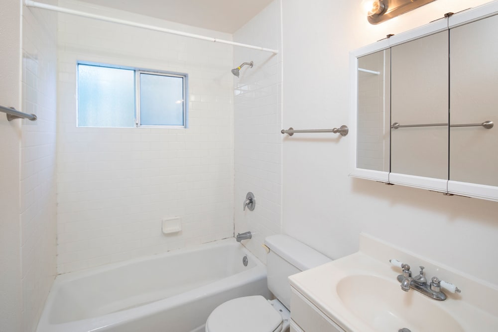 Updated bathroom in model apartment at Sail Bay Apartments in San Diego, California