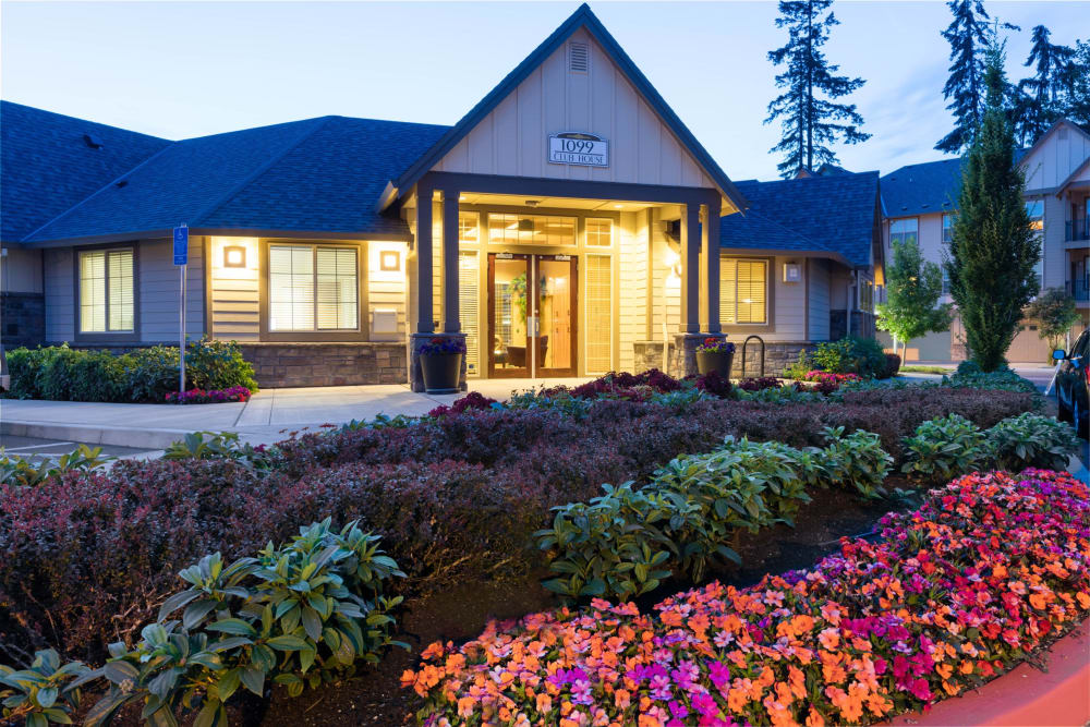 Exterior with flowers and manicured landscaping at The Jones in Hillsboro, Oregon