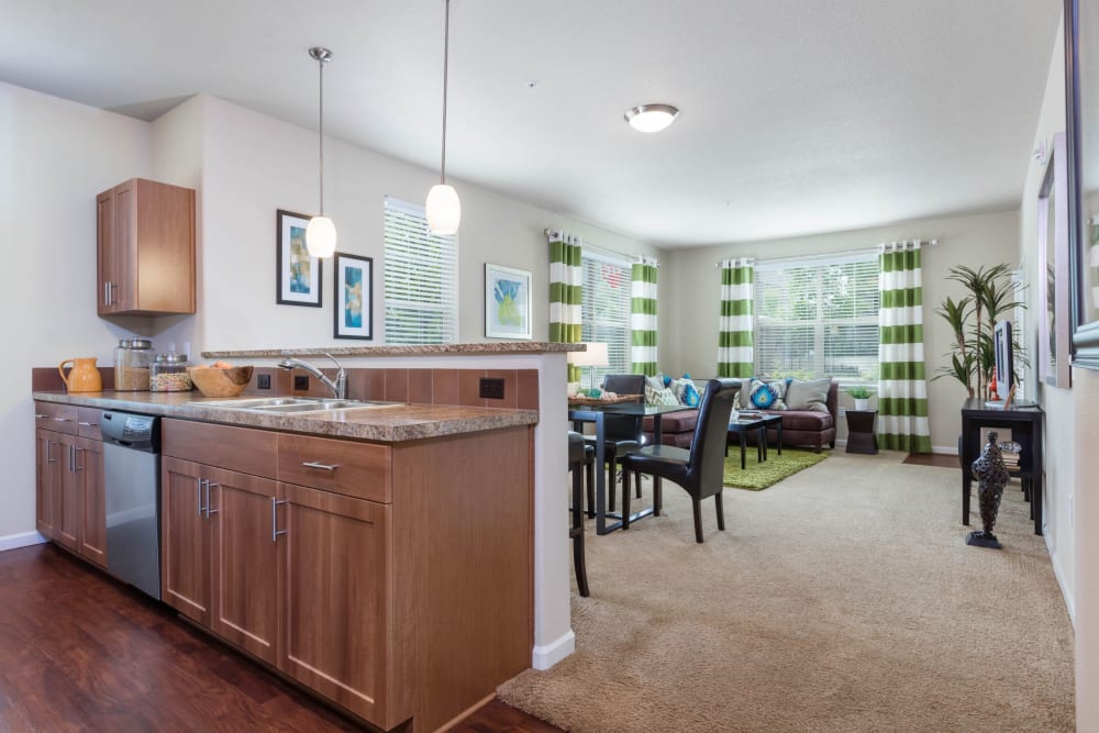 Open plan kitchen and living room at The Jones in Hillsboro, Oregon