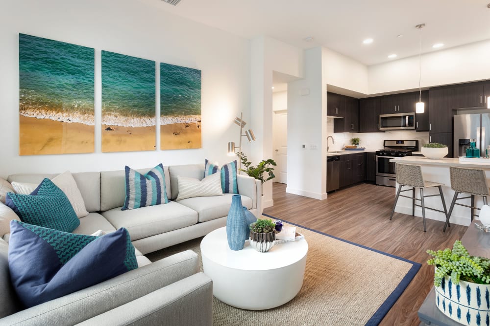 Living space with blue accents at The Residences at Escaya in Chula Vista, California