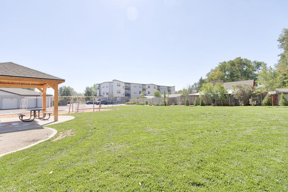Picnic pavilion and open green space at Fields on 15th Apartment Homes in Longmont, Colorado