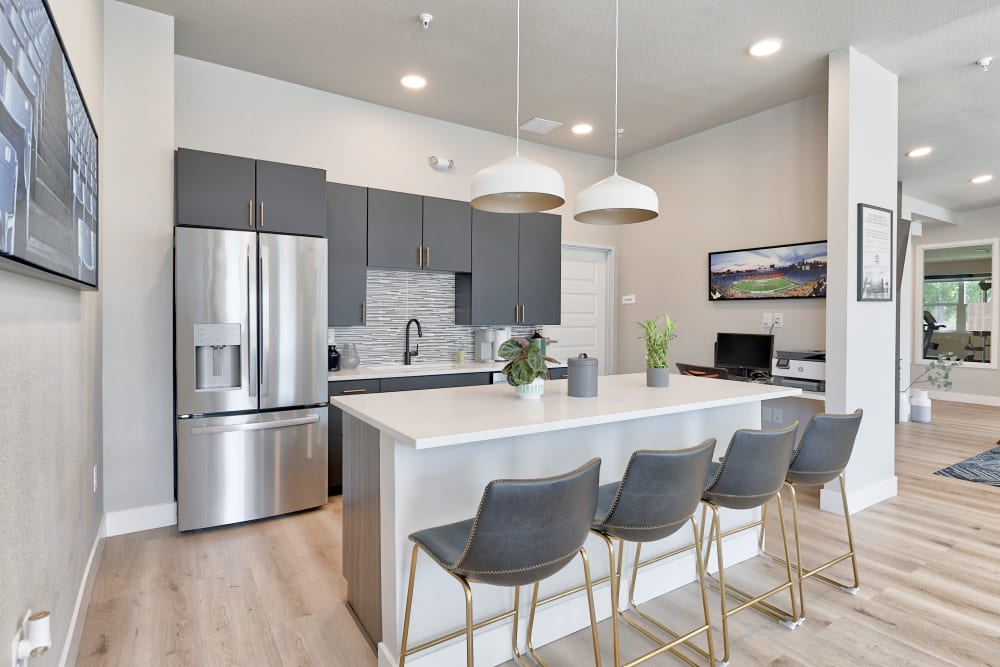 Community kitchen space at Fields on 15th Apartment Homes in Longmont, Colorado