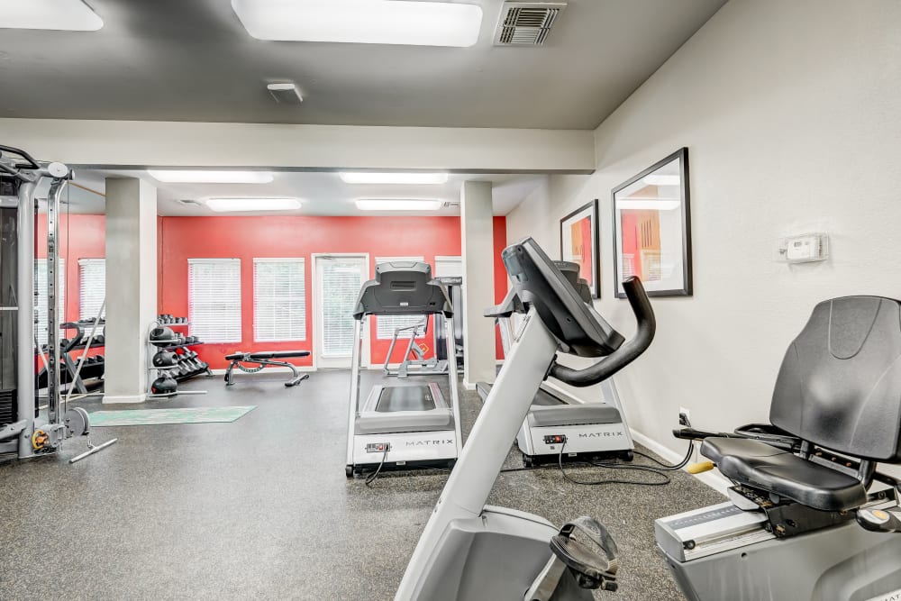 Well equipped fitness center with cardio equipment at Hampton Greene Apartment Homes in Columbia, South Carolina