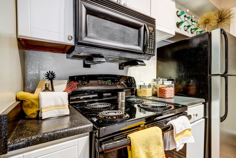 Electric stove, microwave, and refrigerator at Hampton Greene Apartment Homes in Columbia, South Carolina