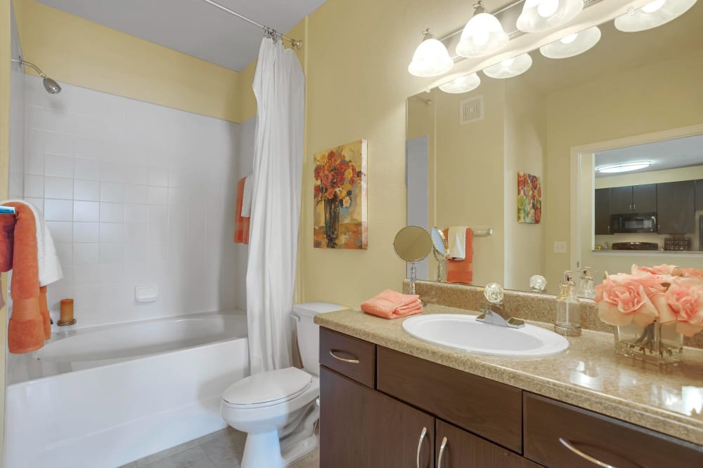 Unit bathroom with bathtub and large vanity mirror at Courtney Isles in Yulee, Florida