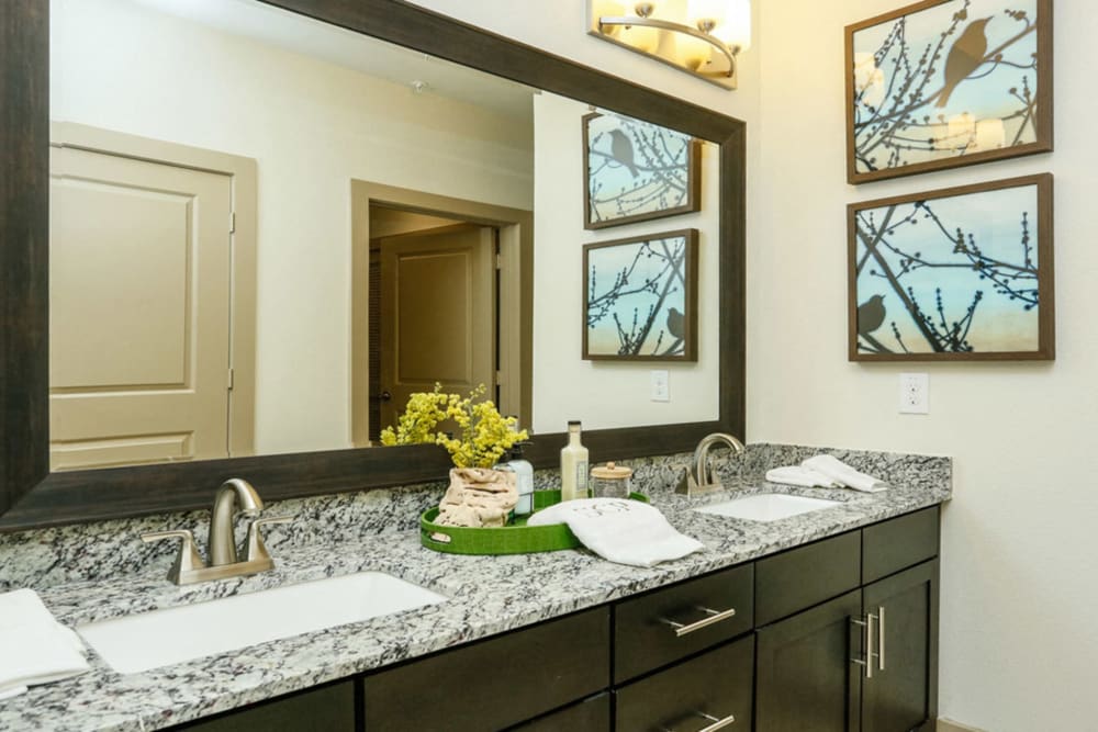 Bathroom with granite countertops and double sinks at The Columns at Shadow Creek in Pearland, Texas