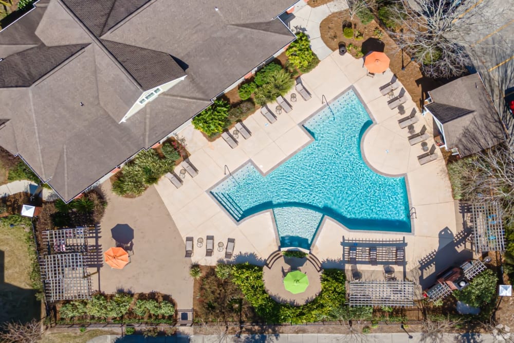 Aerial view of the resort-style pool at Houma Highlands in Houma, Louisiana