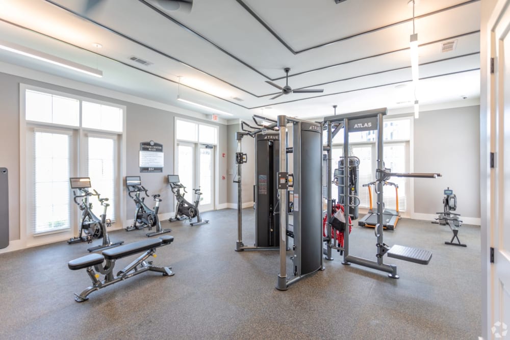 Weight machines in the fitness center at The Columns on Main in Spring Hill, Tennessee
