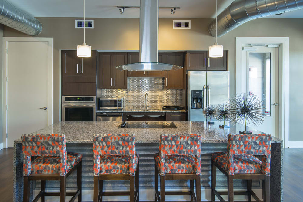 Kitchen in the resident lounge at Factory at Park Circle in North Charleston, South Carolina