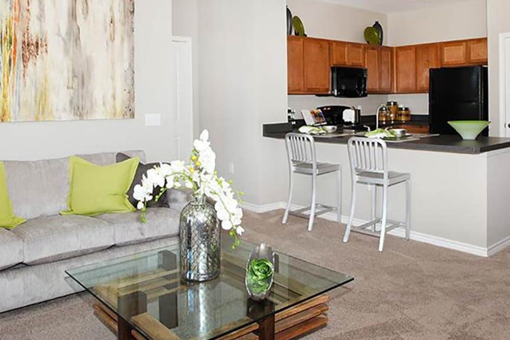 Open floor plan living room and kitchen at Outlook Ridge in Pueblo, Colorado