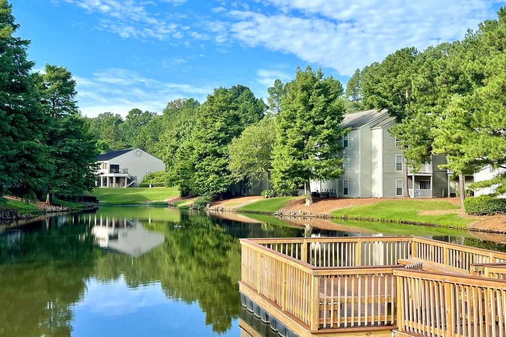 Beautiful lake with viewing deck at The Abbey at Inverness in Birmingham, Alabama