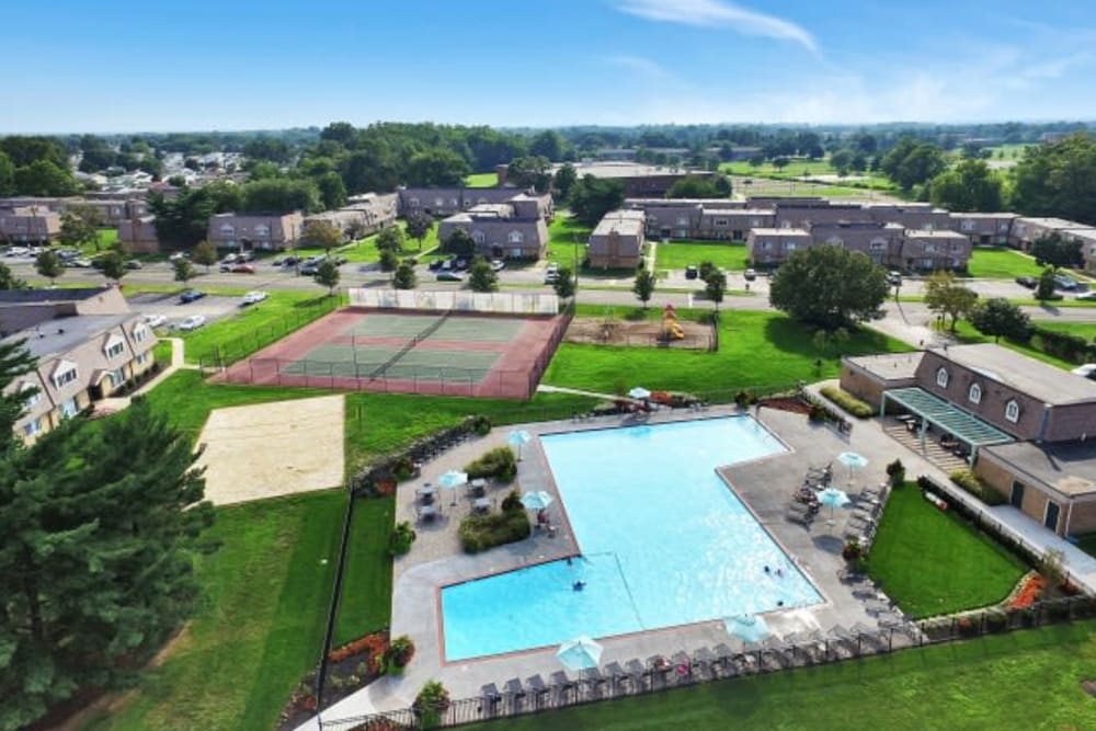 Overhead view of pool and tennis courts at Franklin Commons, Bensalem, Pennsylvania