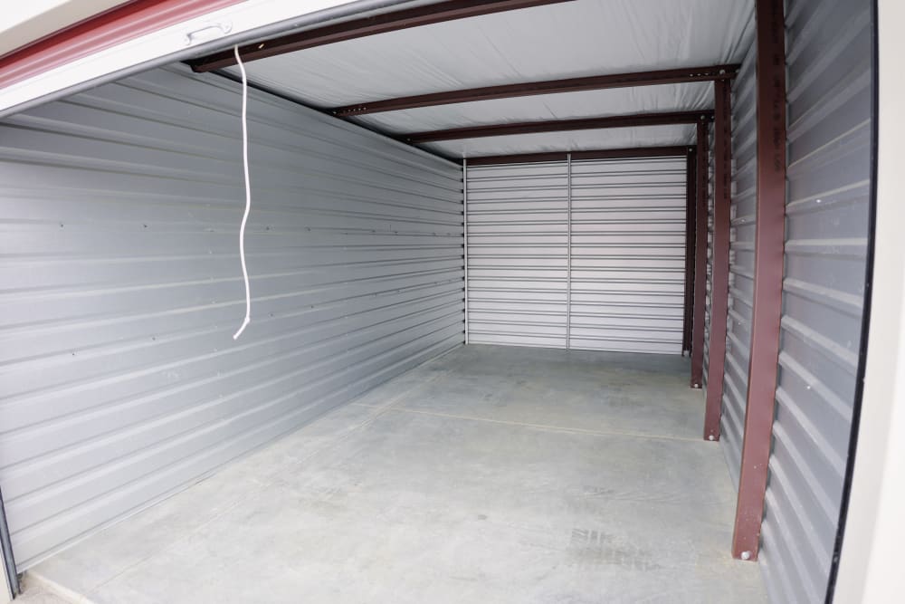 An open storage unit at Signature Self Storage in Brownsburg, Indiana