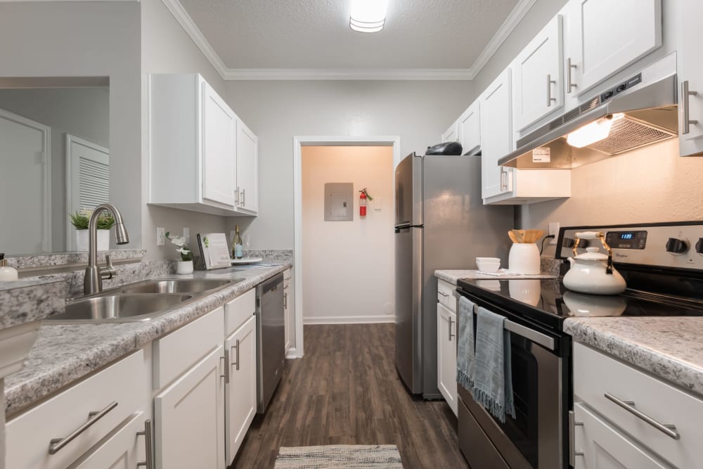 White cabinets and stainless steel appliances in an apartment kitchen at Chace Lake Villas in Birmingham, Alabama